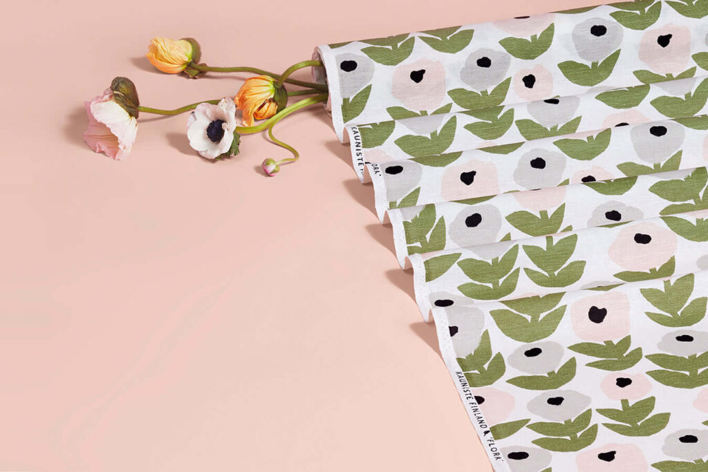 Flowers and Kauniste´s fabric Flora, pattern created by Hannele Äijälä